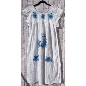 Ethnic Boho Peasant Embroidered Floral Gauze Midi Huipil Caftan Dress Ecuador M